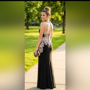 Excellent Condition JJs House Black and Gold Lace Formal Prom Dress ~ Size 6